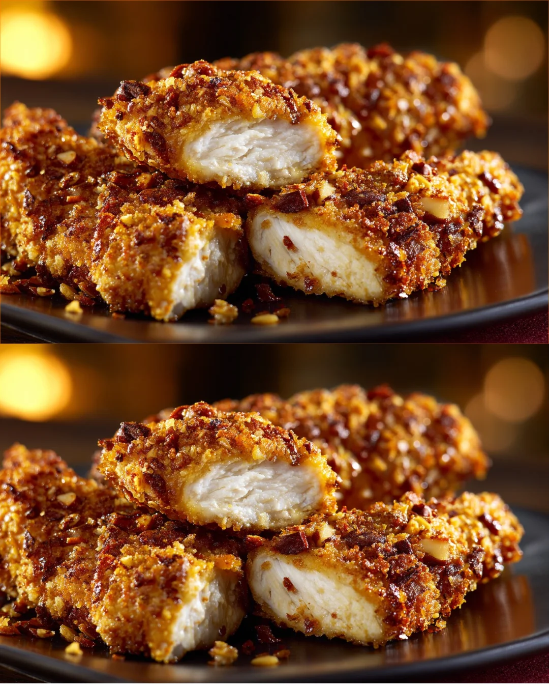 Crispy almond-crusted chicken tenders served with a side of dipping sauce