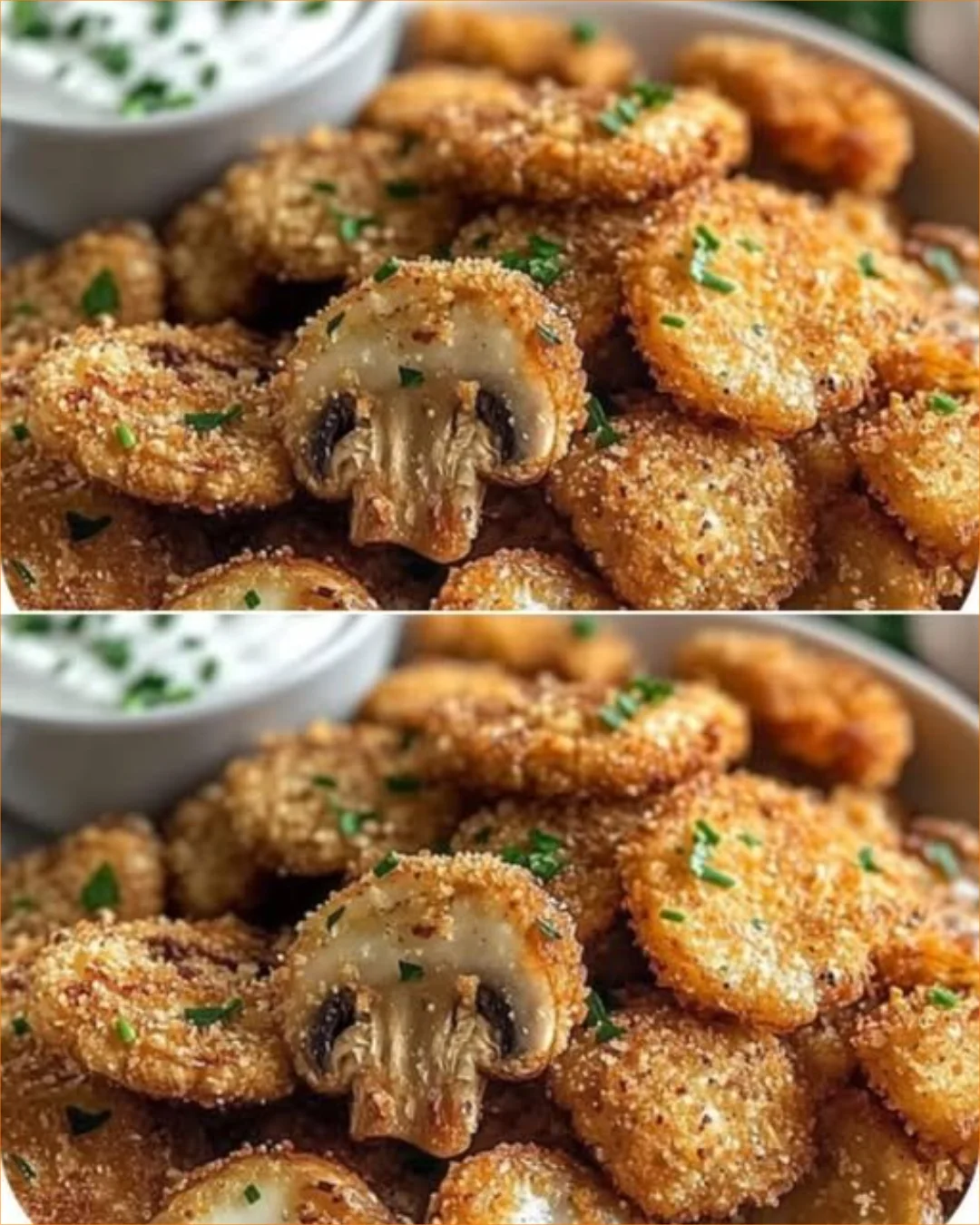 Plate of crispy fried mushrooms with dipping sauce