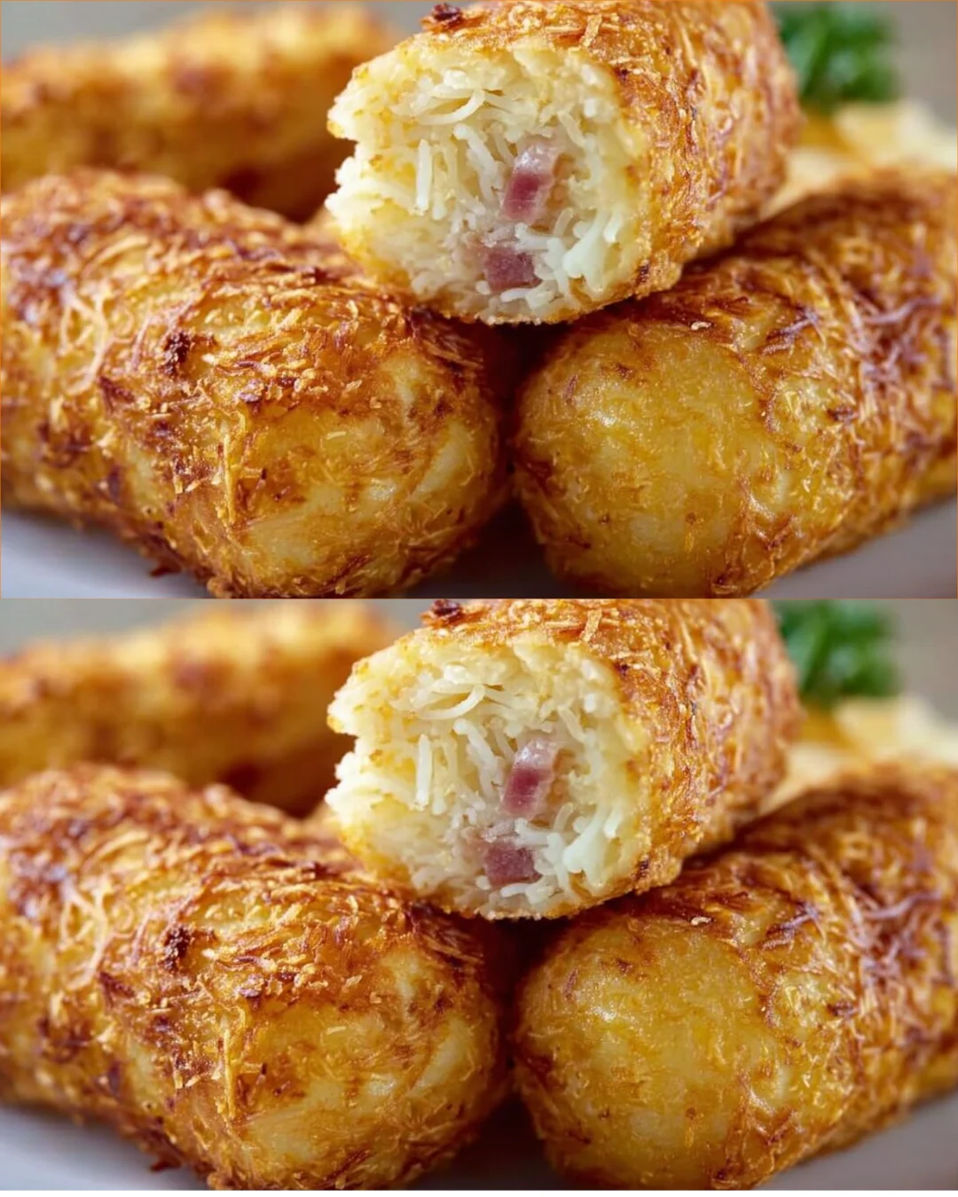 Crispy fried potato balls with ham and vermicelli crunch on a plate
