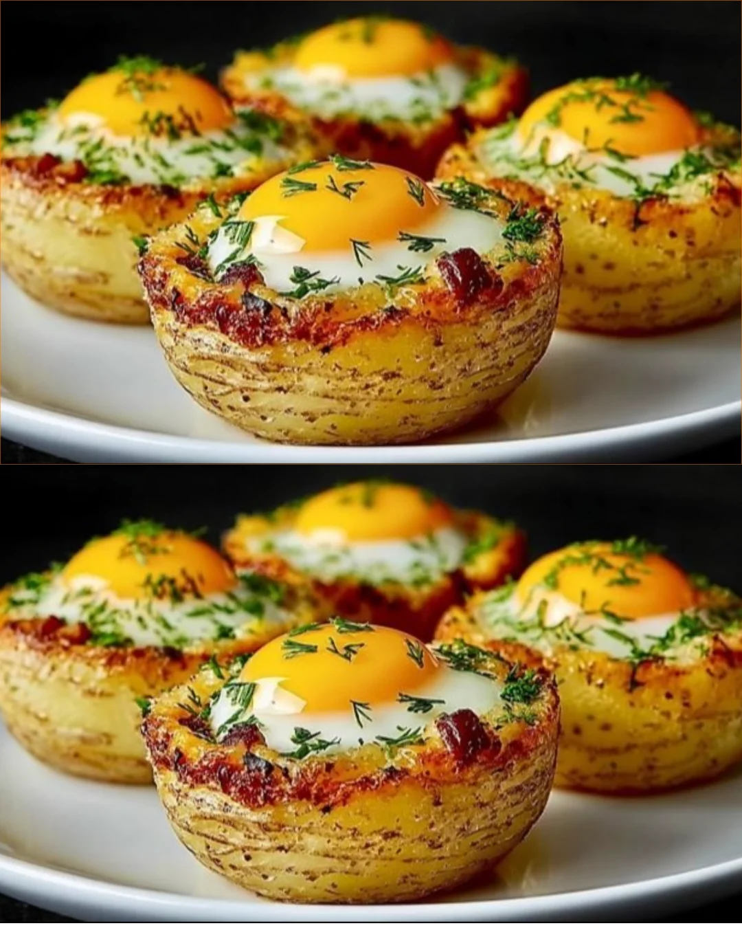 Crispy potato nests filled with vegetables and topped with a quail egg.