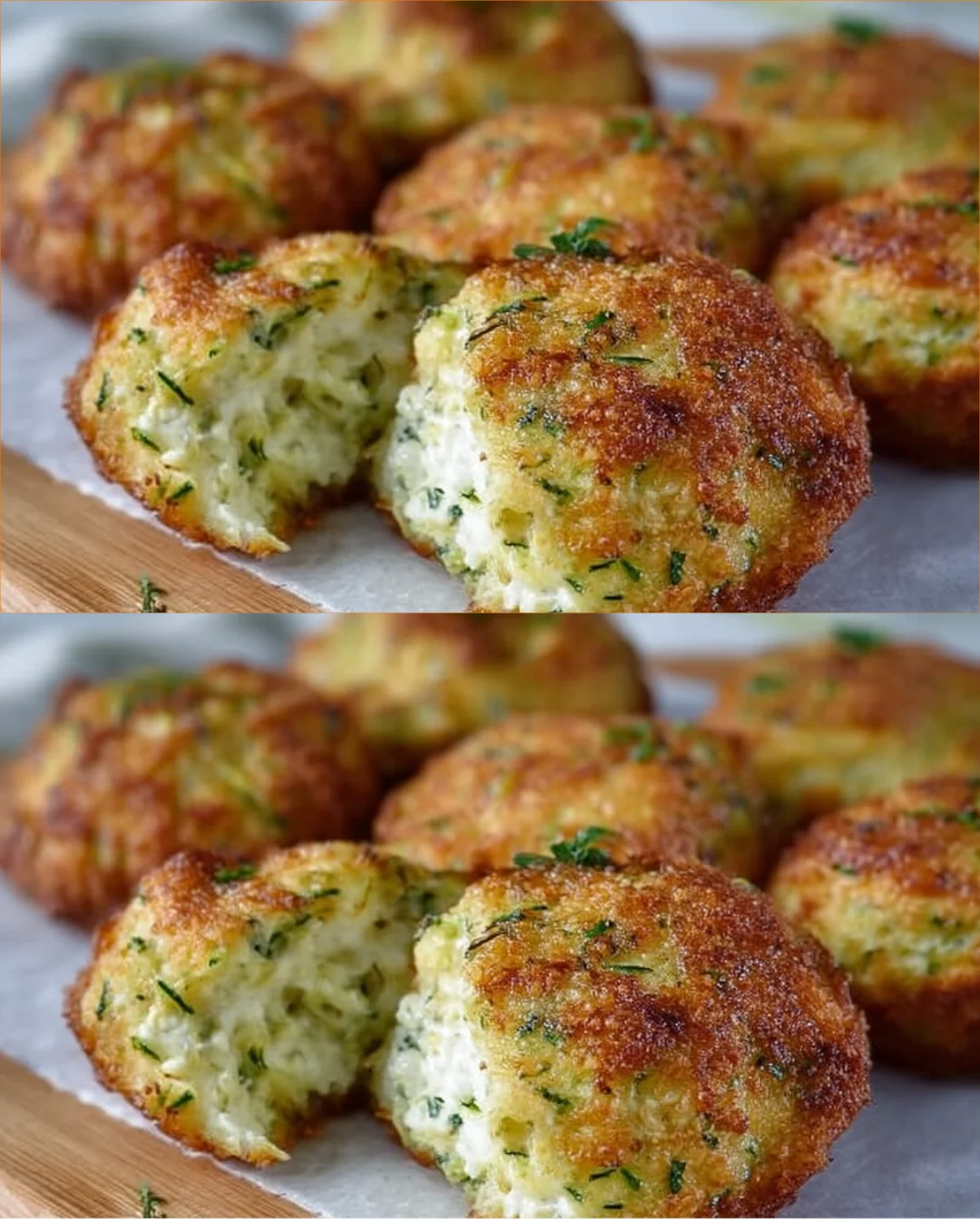Crispy zucchini cheese balls with a savory filling served on a platter.