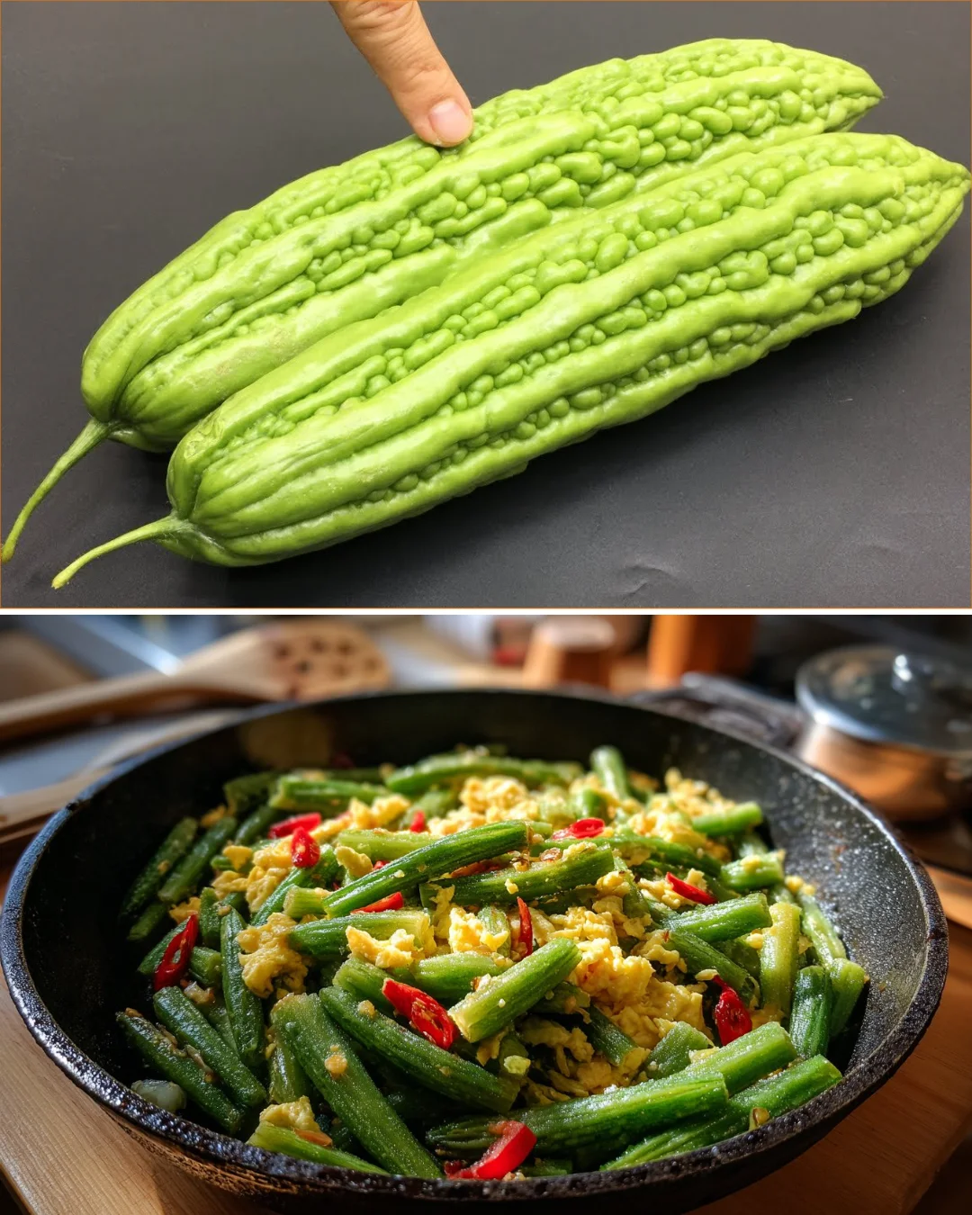Stir-fried bitter melon with egg on a plate, showcasing its crunchy texture.