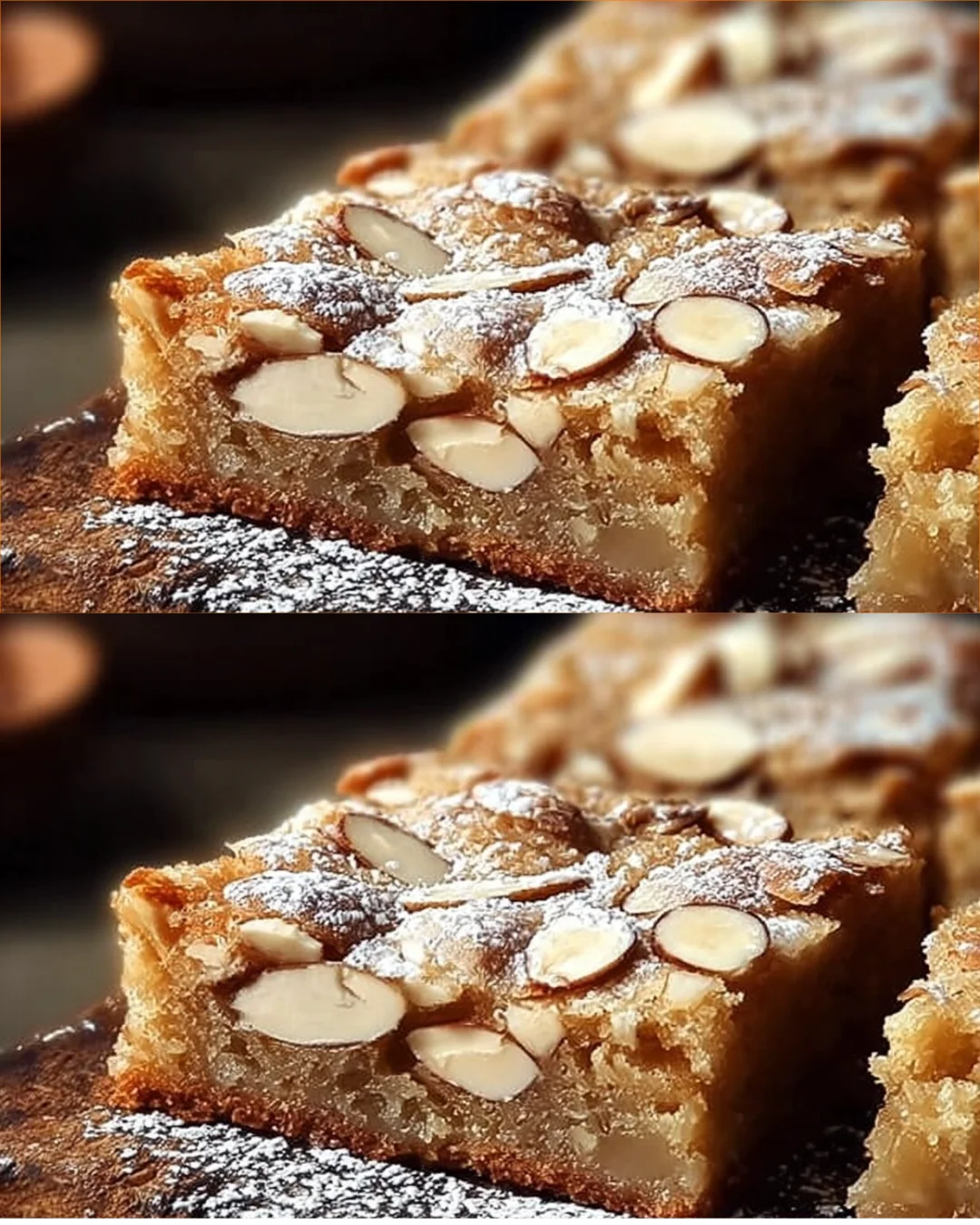 Almond croissant blondies topped with slivered almonds and a dusting of powdered sugar.