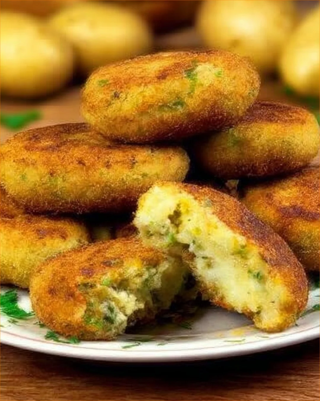 Crispy potato balls filled with cheese and onions served on a plate