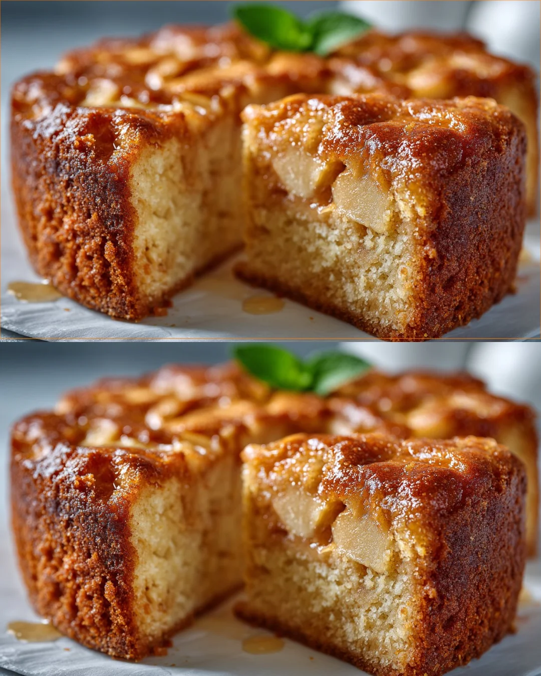 Slice of deliciously moist apple cake on a plate