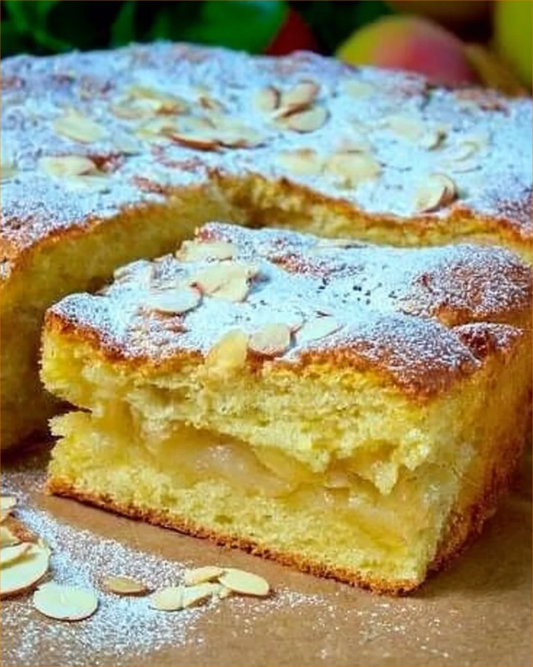 Freshly baked apple pie on a wooden table, ready to be served.
