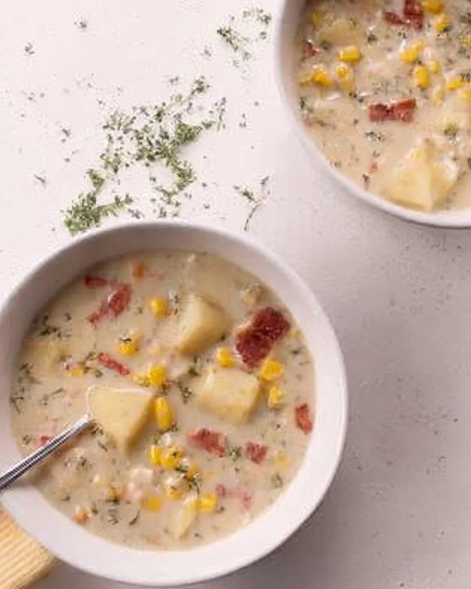 Creamy Dilly Corn Chowder prepared with almond milk in a bowl