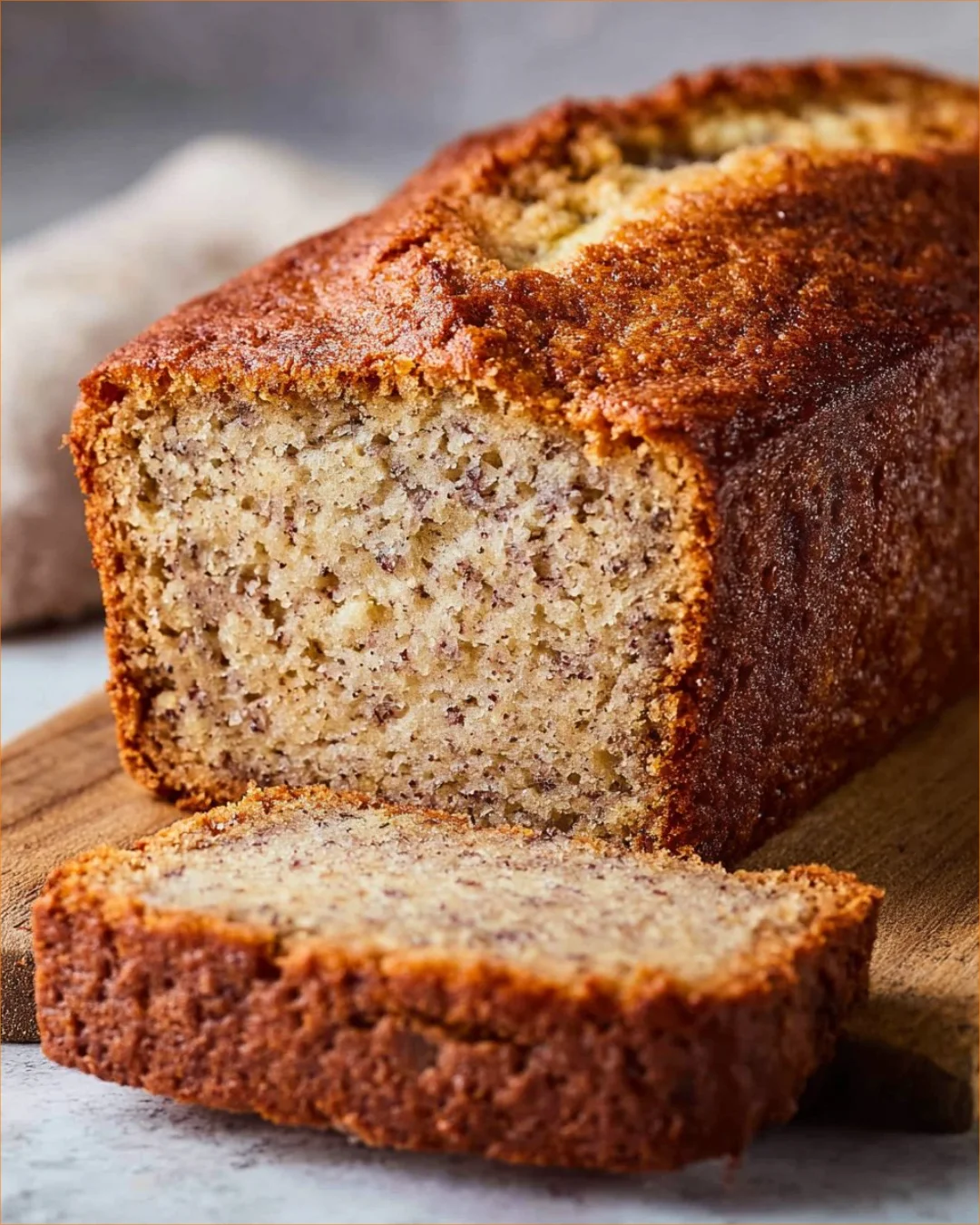 Slice of easy gluten-free banana bread on a wooden plate with a banana