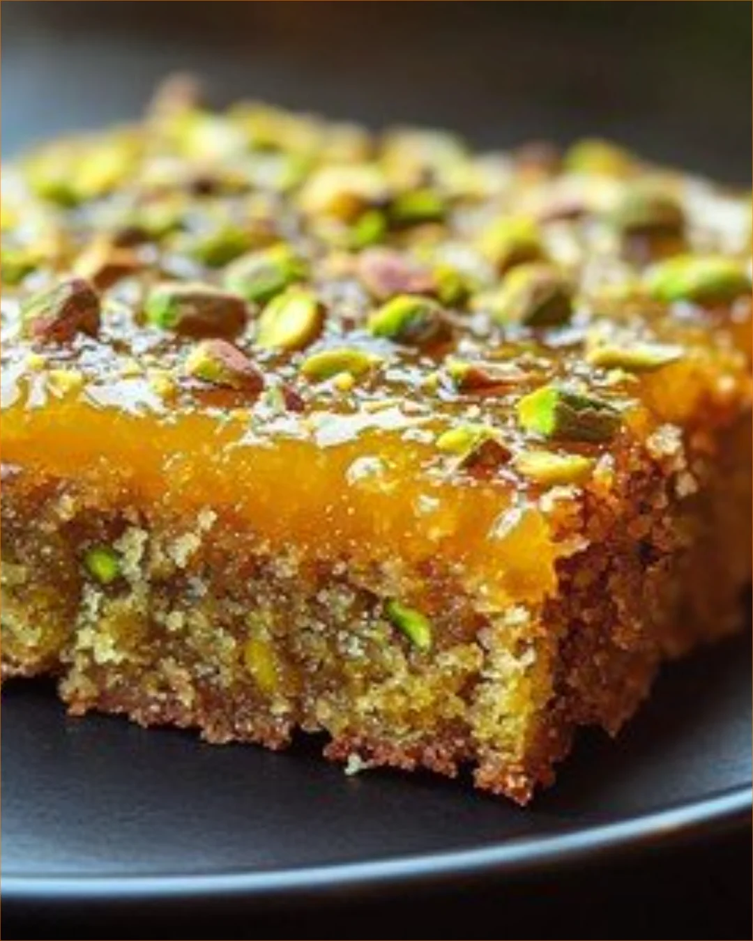Flourless orange cake with pistachio and almond garnishes on a plate.