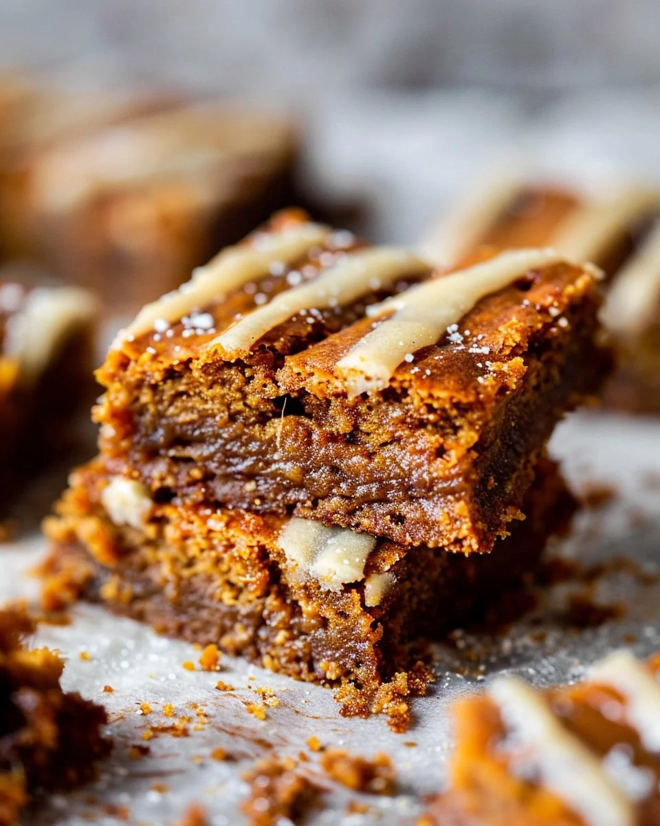 Decadent flourless pumpkin bars topped with a sprinkle of cinnamon