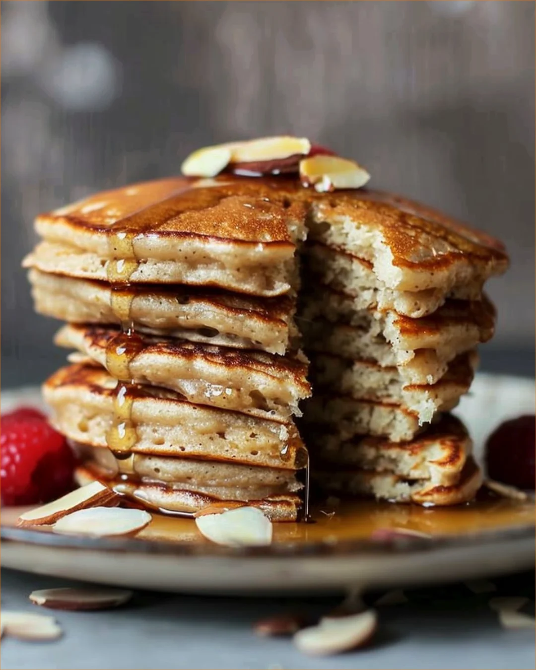 Fluffy almond flour pancakes stacked on a plate with fresh berries.
