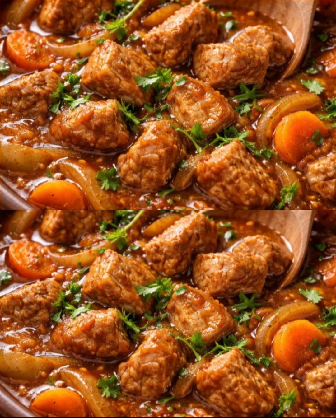 Fork-tender braised beef with garden vegetables served in a rich sauce