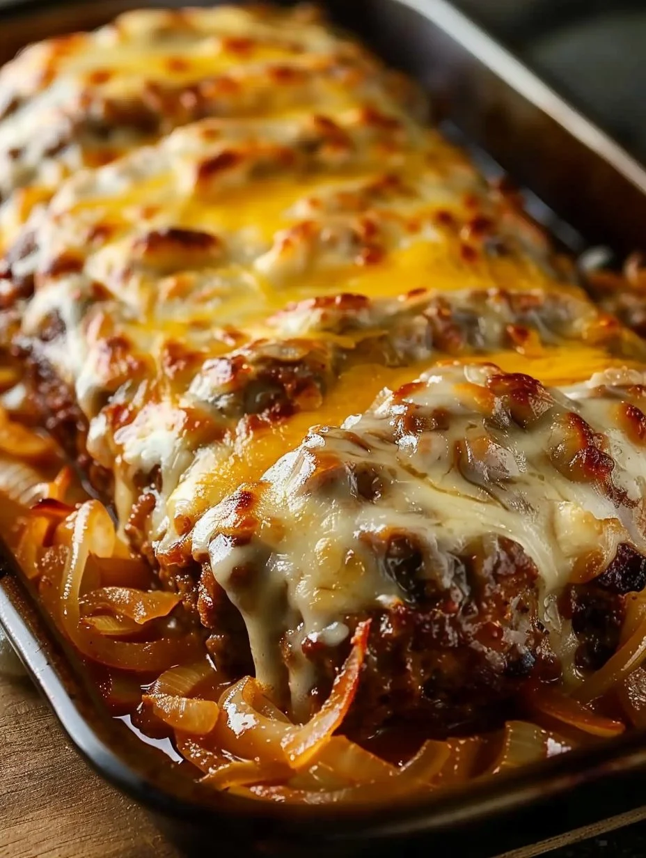 French onion meatloaf topped with melted Swiss cheese, served with herbs.
