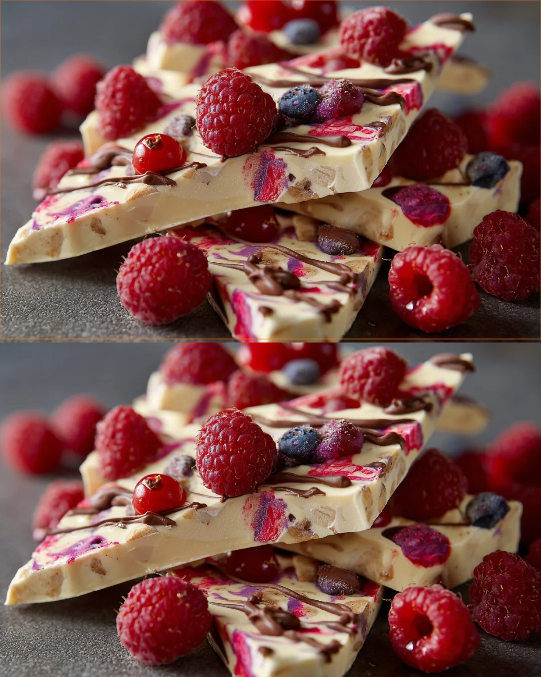 Homemade frozen yogurt bark topped with berries and nuts on a plate