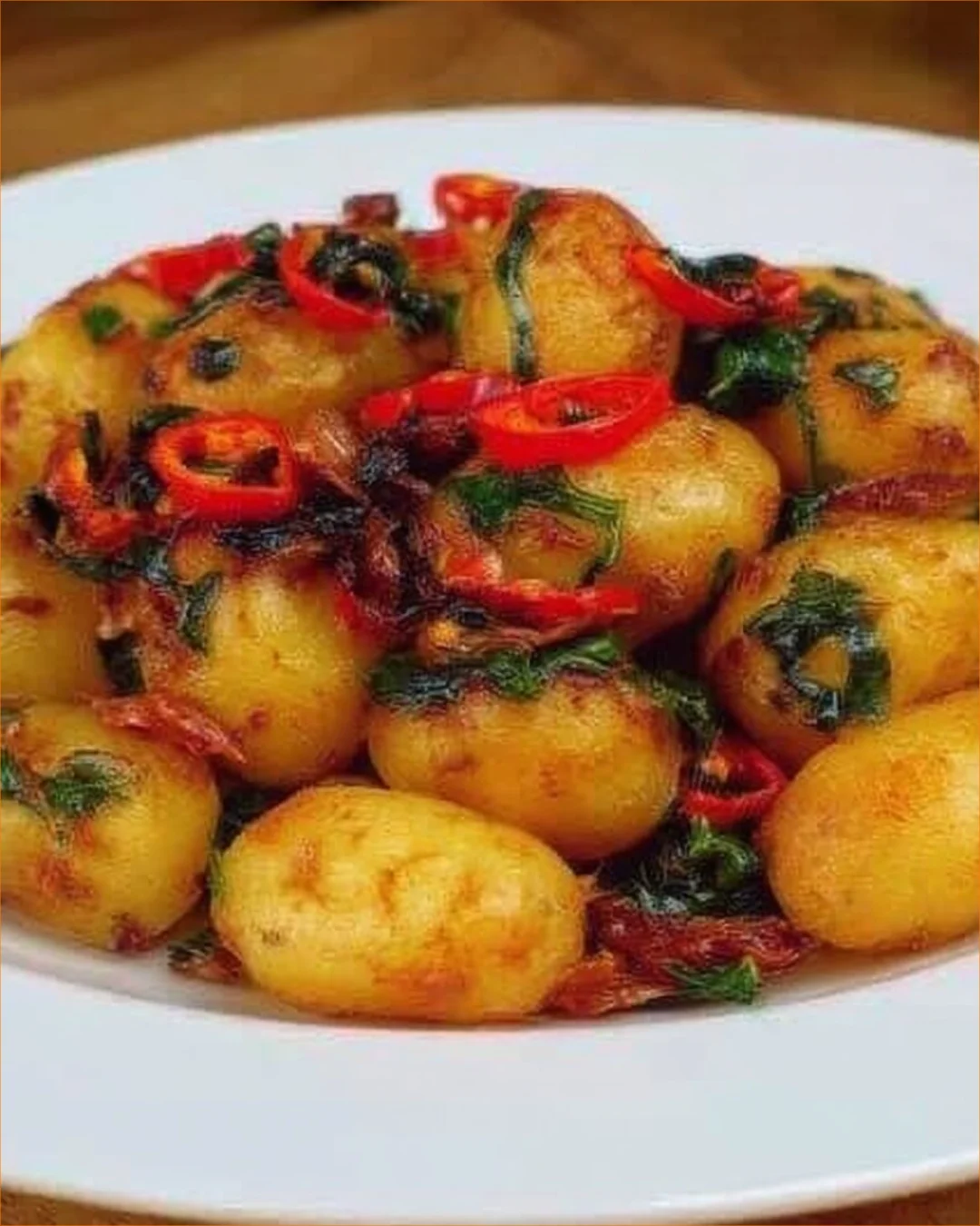 Garlic butter potato and spinach skillet dish prepared in a frying pan