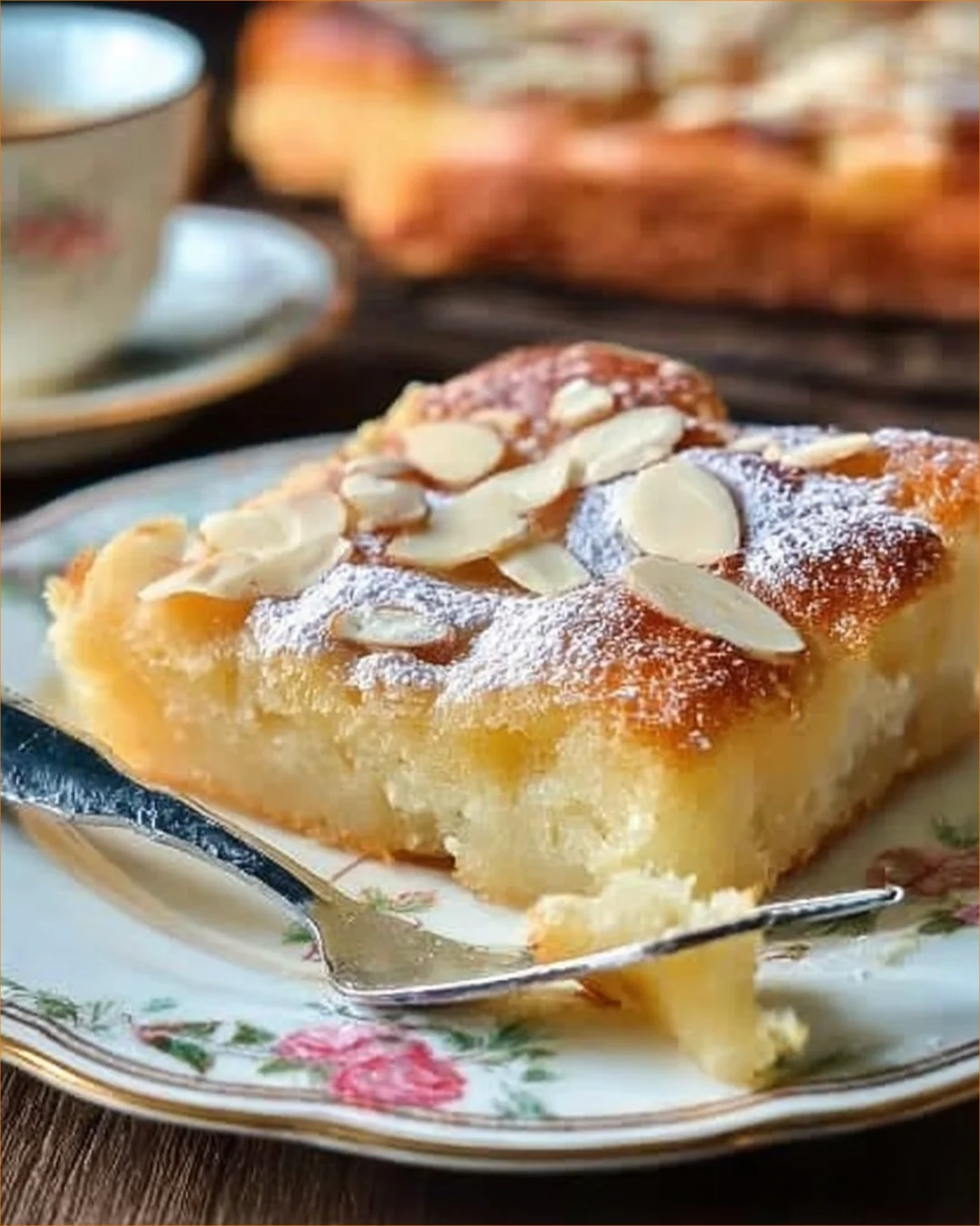 Delicious slice of German Butter Cake topped with powdered sugar