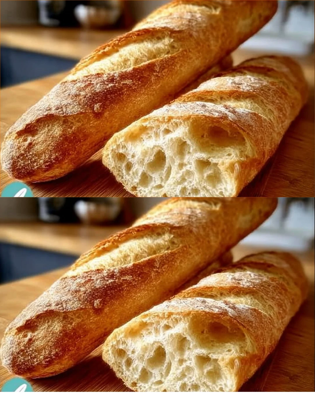 Freshly baked gluten free French bread baguette on a wooden cutting board.