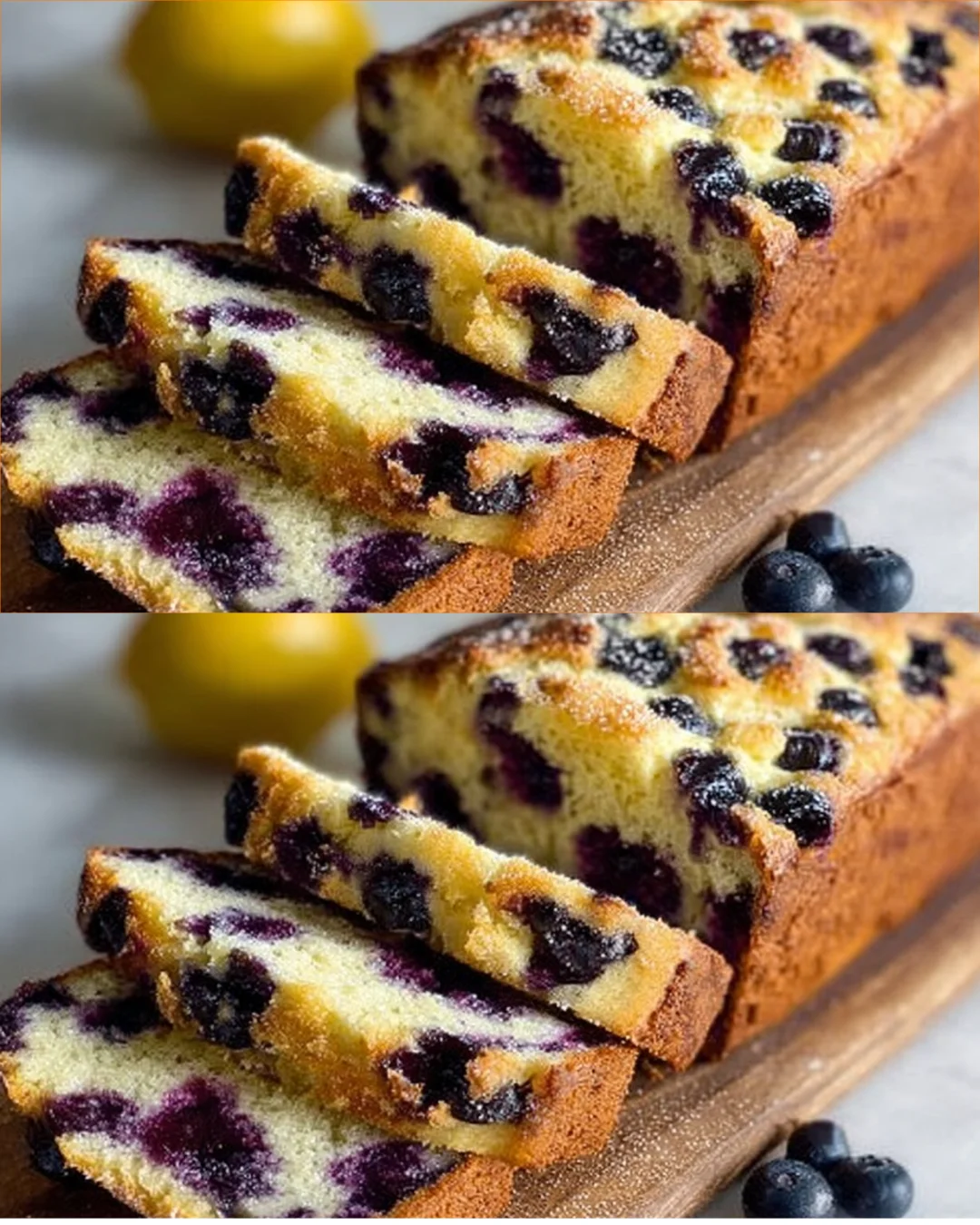 Gluten-free lemon blueberry bread loaf on a wooden table