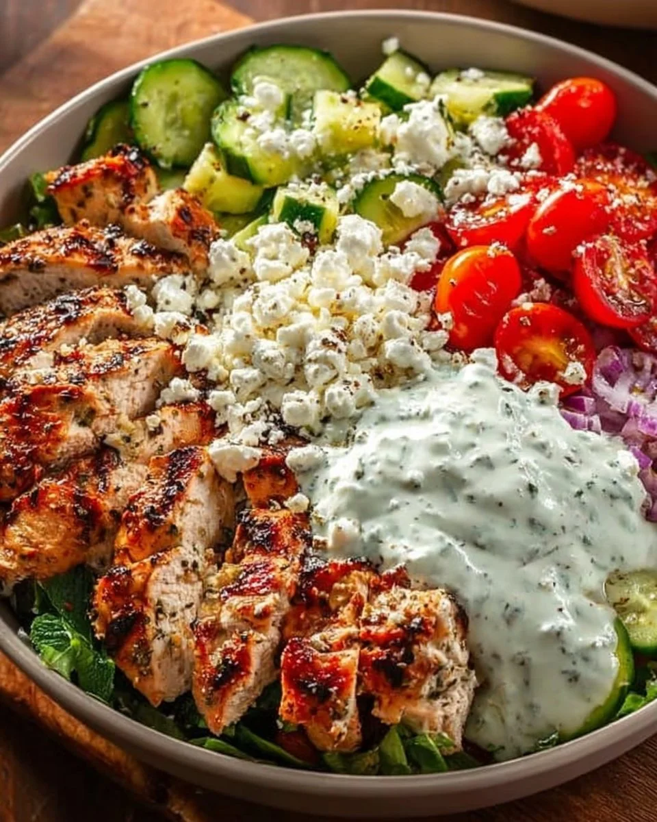 Delicious Greek chicken bowl with fresh vegetables and dressing.