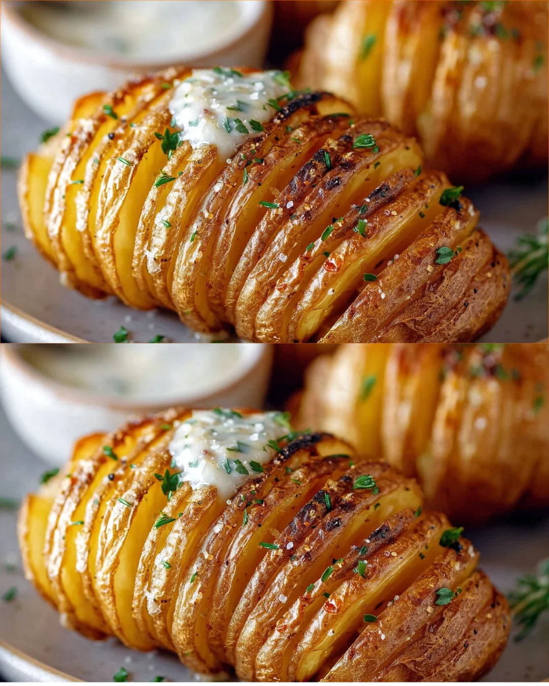 Delicious Hasselback Potatoes topped with herbs and spices.