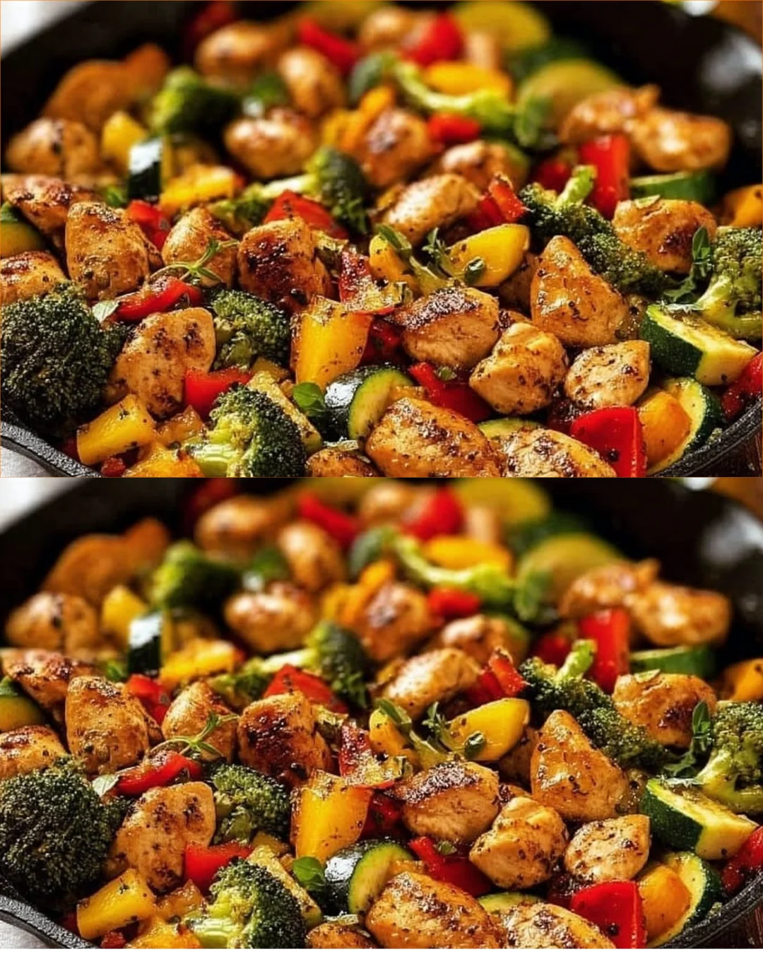 Healthy chicken and vegetables skillet with colorful veggies in a frying pan.
