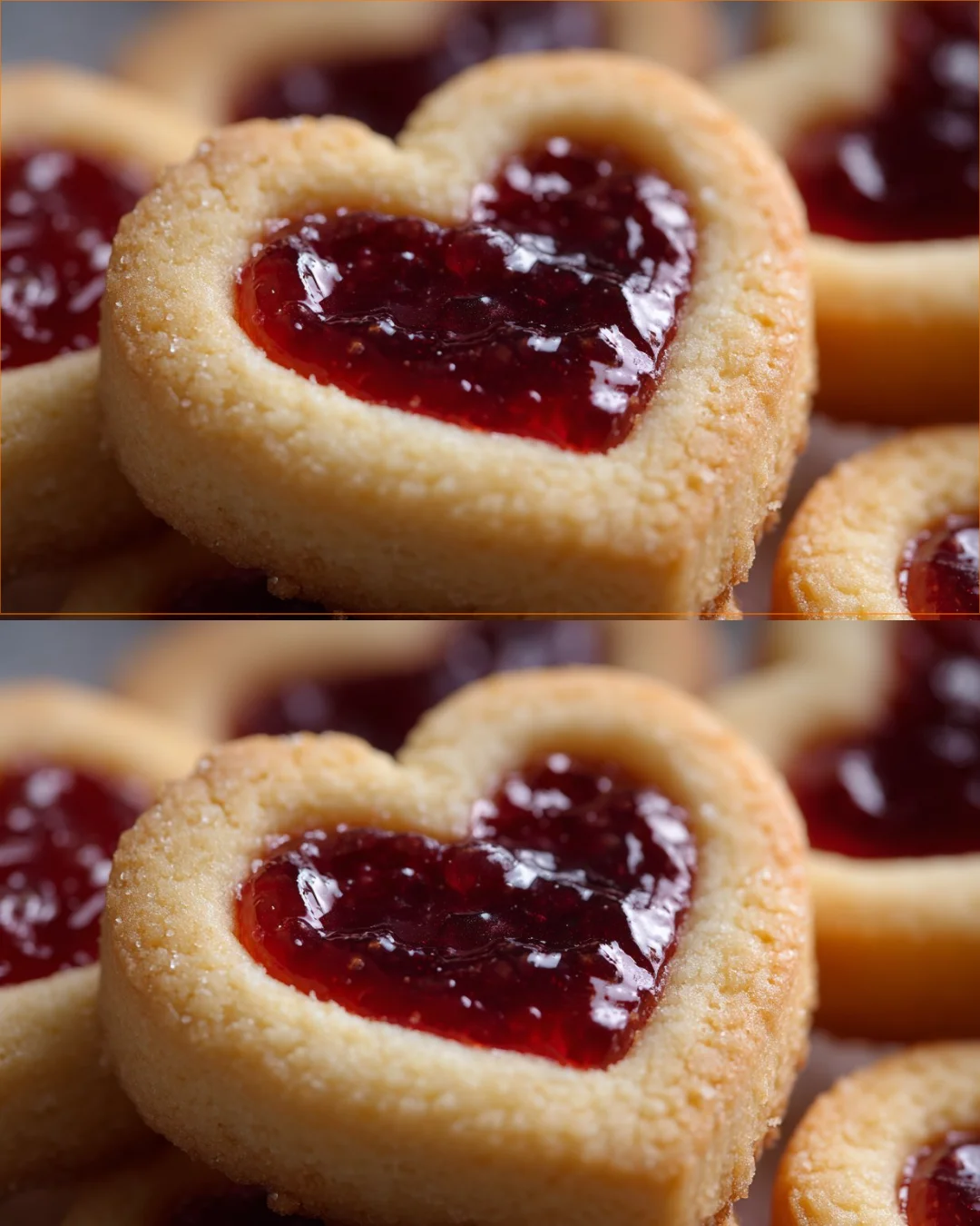 Heart-shaped jam cookies filled with fruit preserves for a delicious treat.