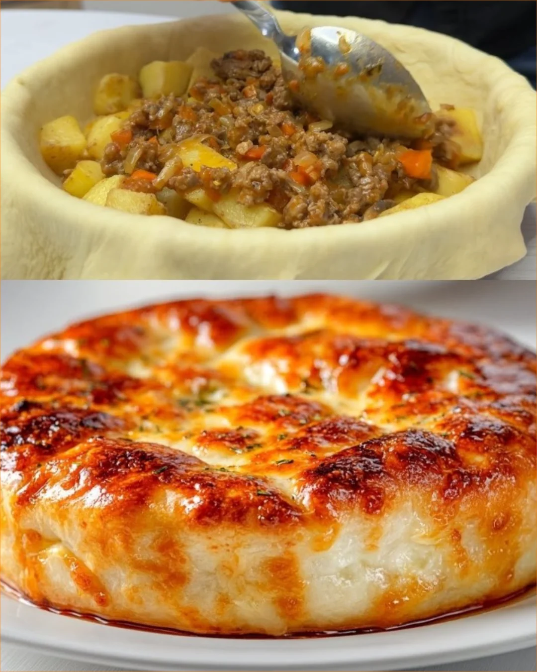 Hearty meat pie with vegetables and creamy potato filling