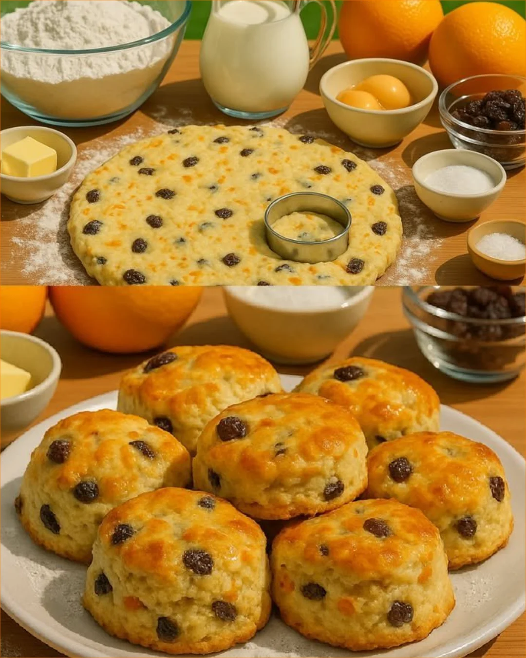 Freshly baked heavenly orange raisin scones on a plate