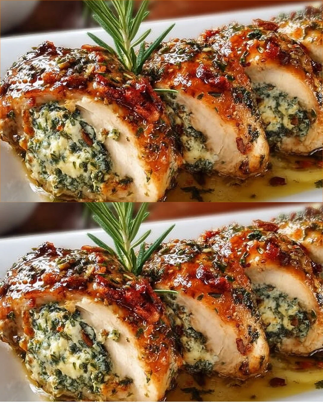 Herbed ricotta stuffed chicken rolls garnished with fresh herbs
