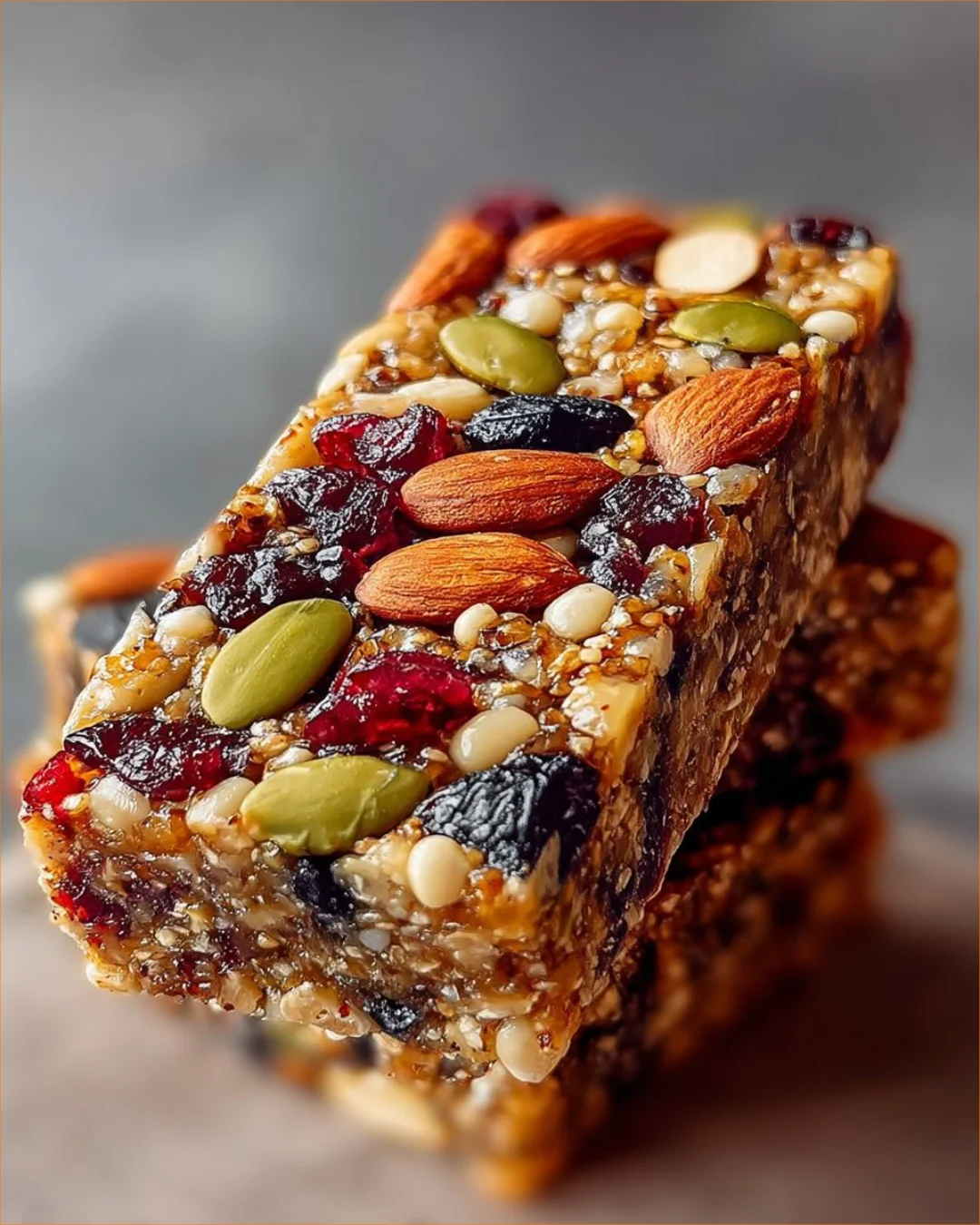 Homemade energy bars with nuts and dried fruits on a wooden table.