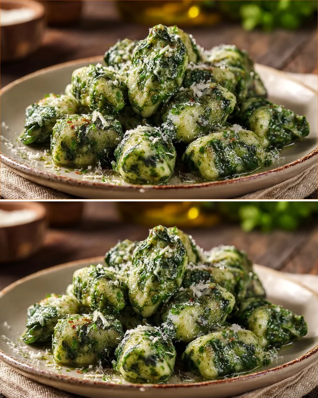 Plate of homemade Malfatti dumplings drizzled with sauce and garnished with herbs