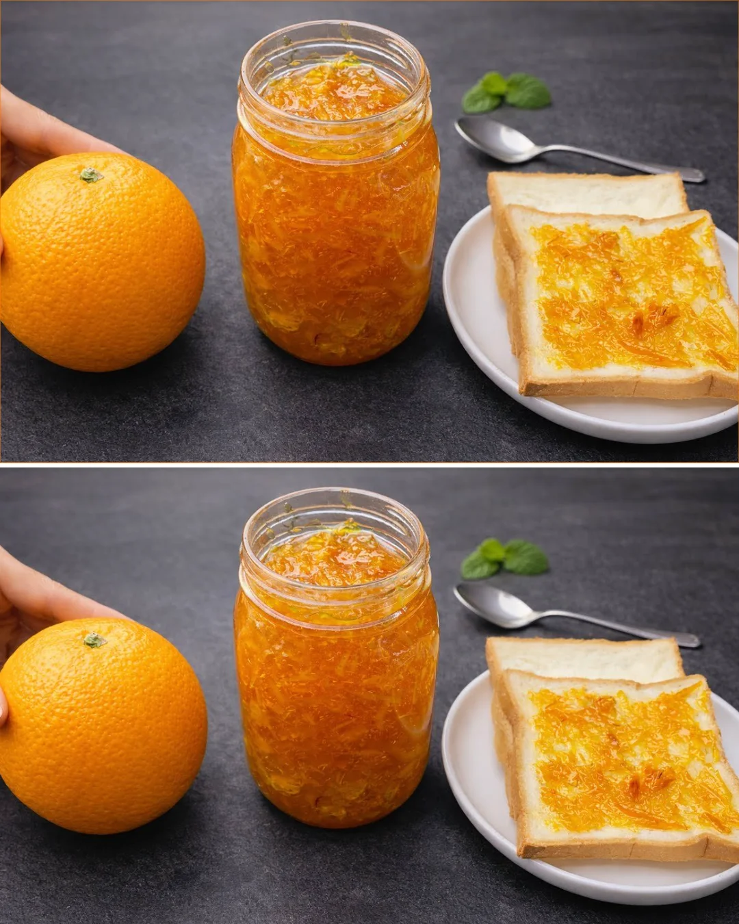 Jar of homemade orange marmalade on a wooden table