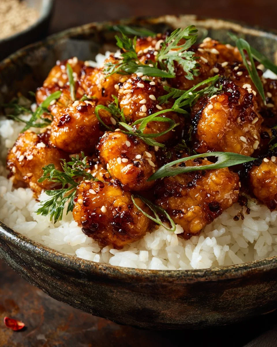 Honey Garlic Chicken served with rice in a flavorful bowl