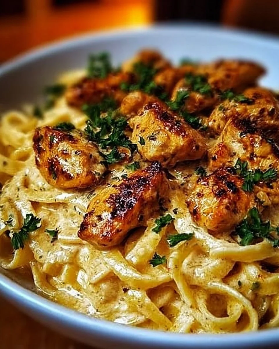 Delicious Cowboy Butter Chicken Linguine served in a bowl