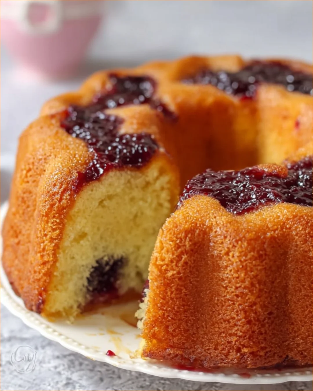 Freshly baked Jelly Donut Cake topped with powdered sugar and jam filling.