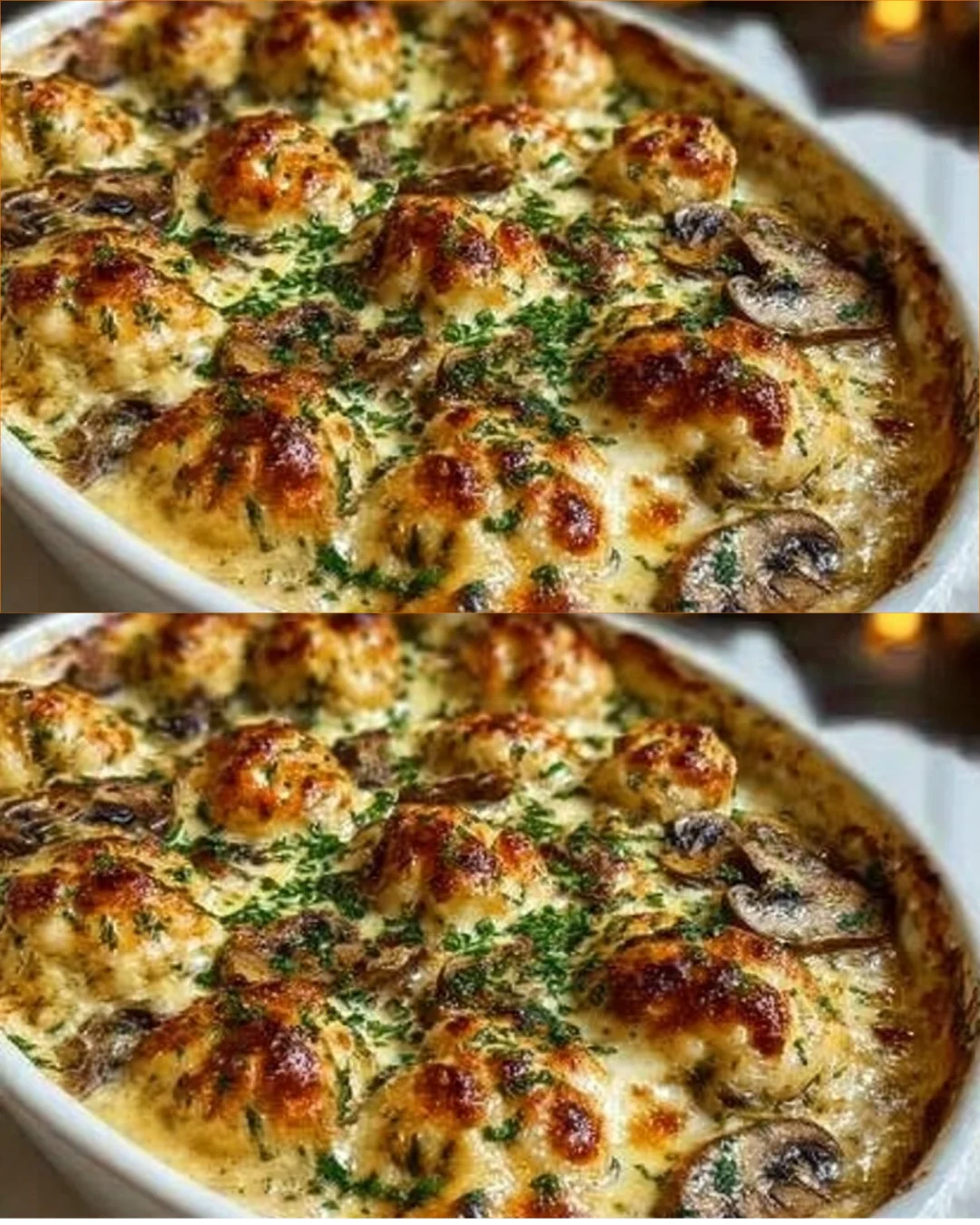 Delicious Keto Garlic Mushroom Chicken Casserole topped with herbs and cheese