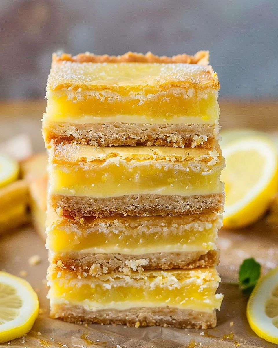 Delicious homemade lemon bars topped with powdered sugar and lemon zest