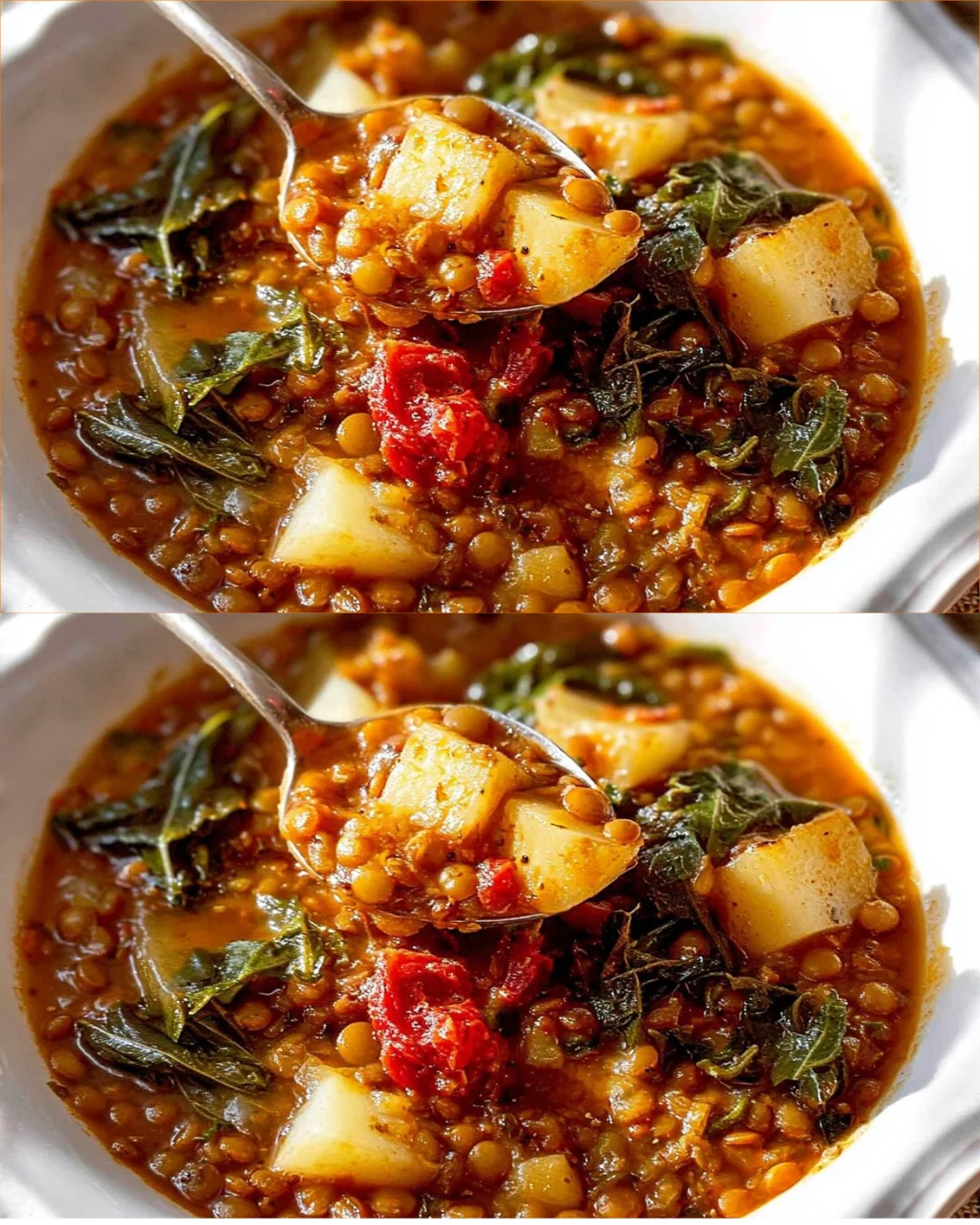 Bowl of delicious Lentil Vegetable Soup with fresh vegetables and herbs
