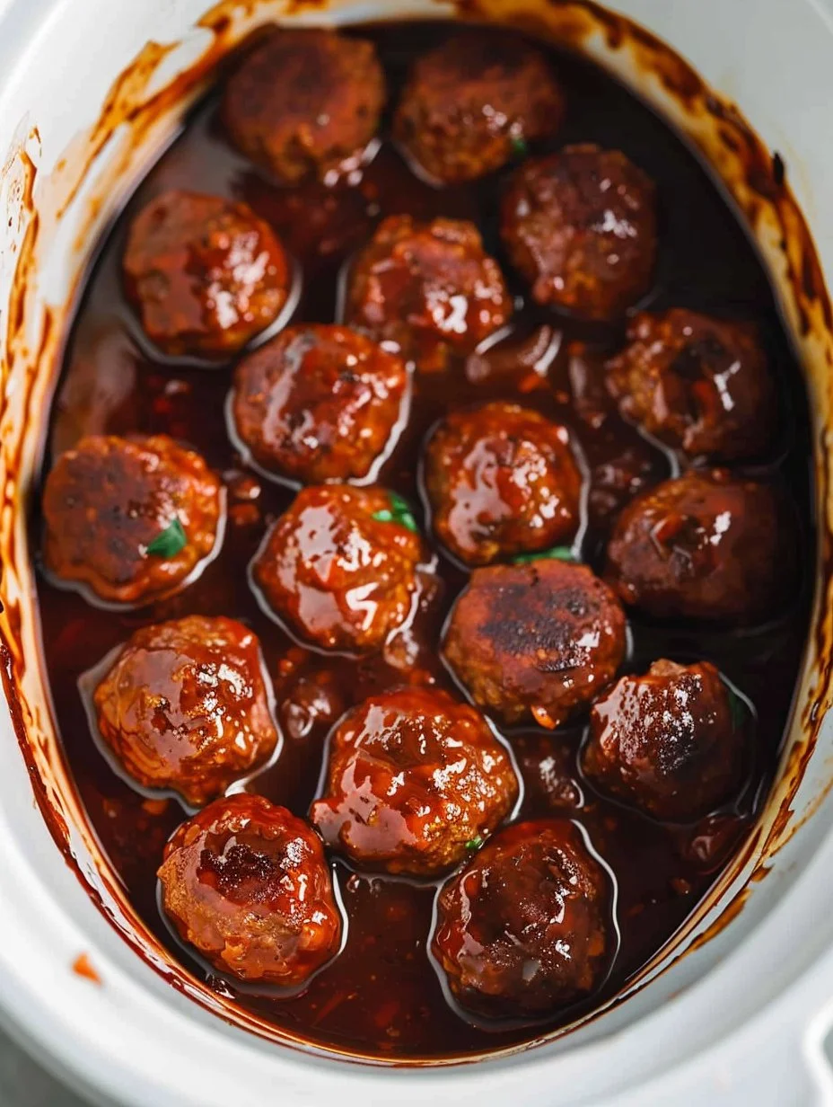 Savory meatballs glazed with grape jelly and BBQ sauce served on a plate