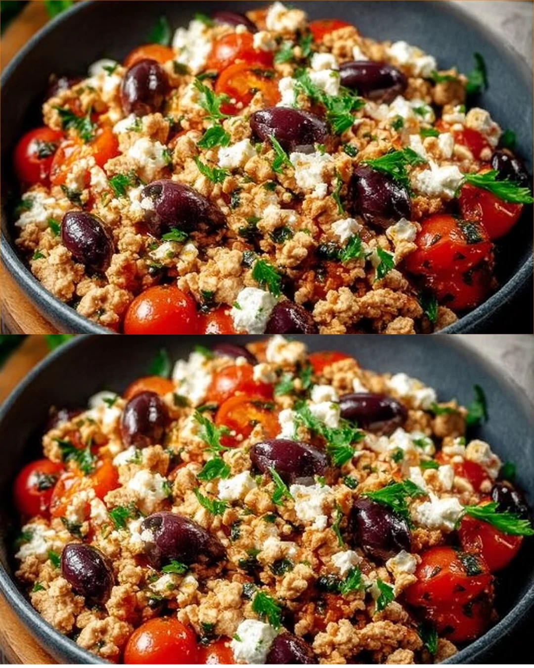 Mediterranean Keto Skillet with ground chicken, olives, and feta cheese in a colorful dish.