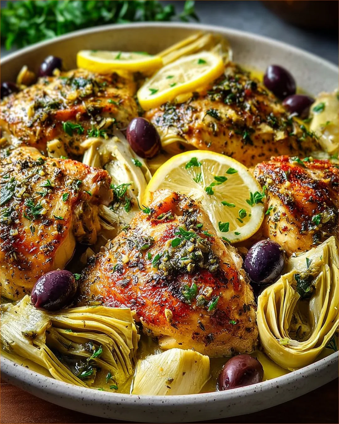 Mediterranean Lemon Chicken with artichokes and olives plated beautifully