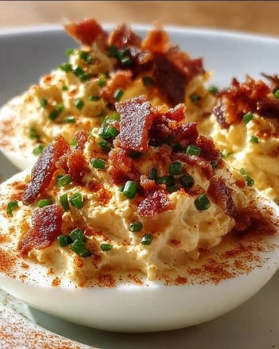 Million Dollar Bacon Deviled Eggs topped with crispy bacon and herbs