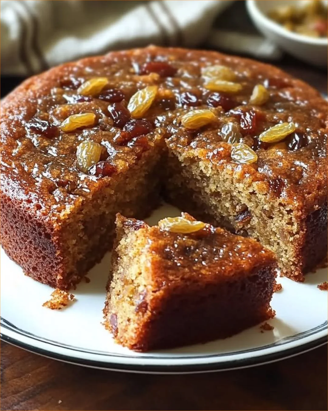 Moist Persian Date Cake topped with nuts and served on a decorative plate