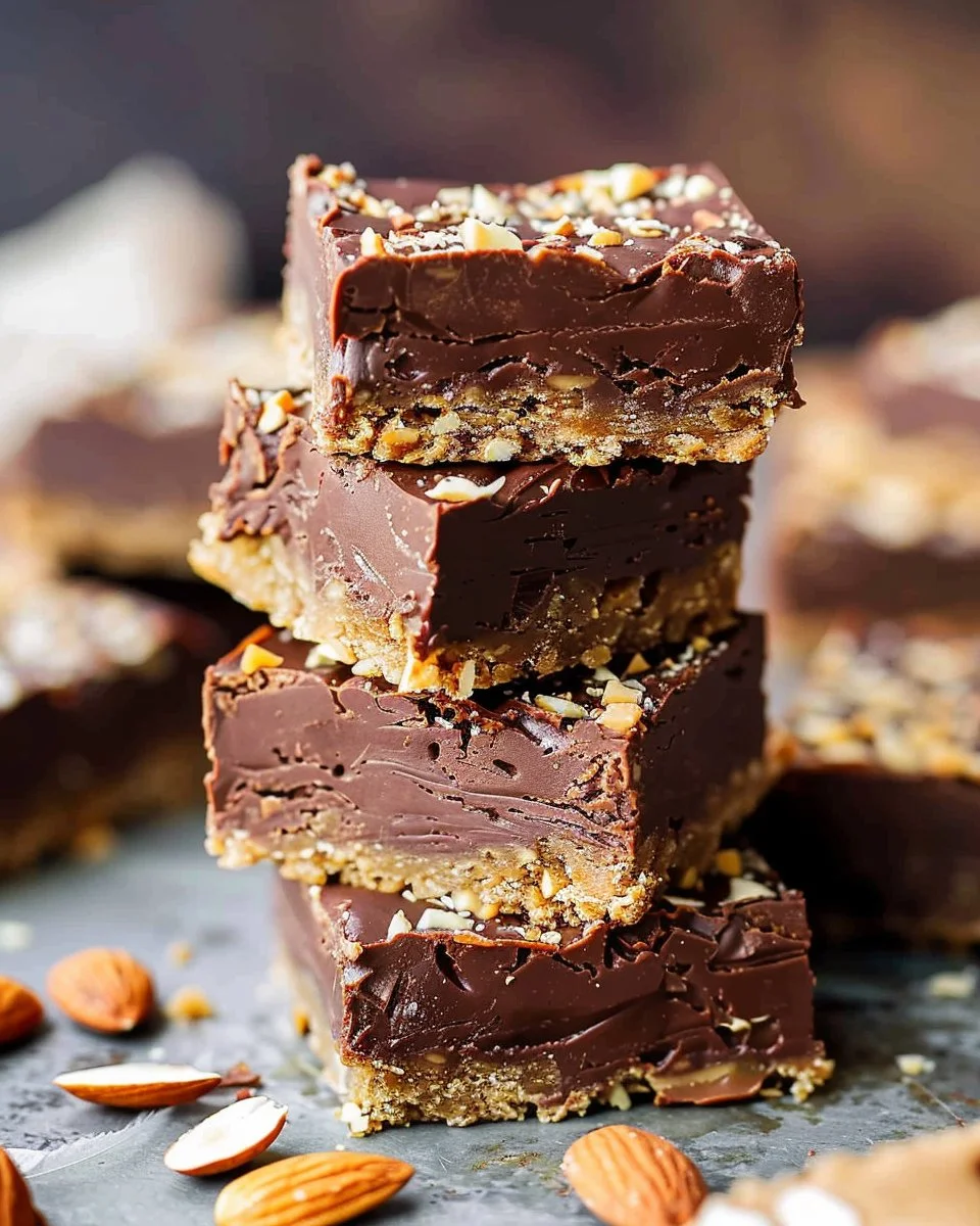 No bake paleo chocolate almond butter bars stacked on a plate