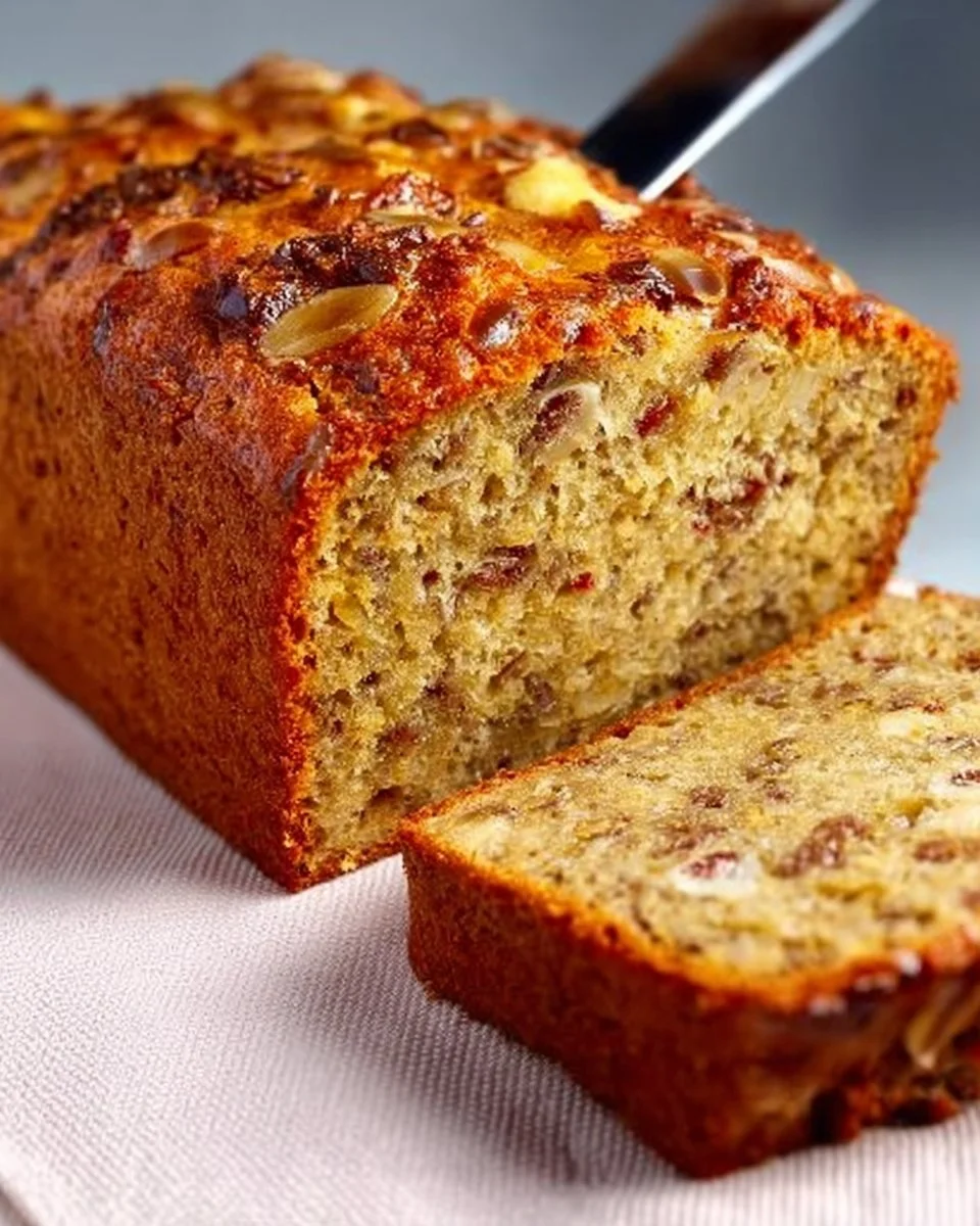 Freshly baked Oatmeal Apple Loaf with slices on a wooden table