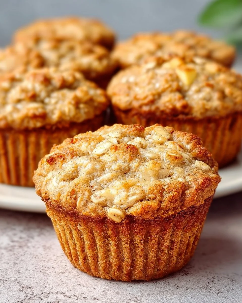 Homemade oatmeal and apple muffins on a wooden table