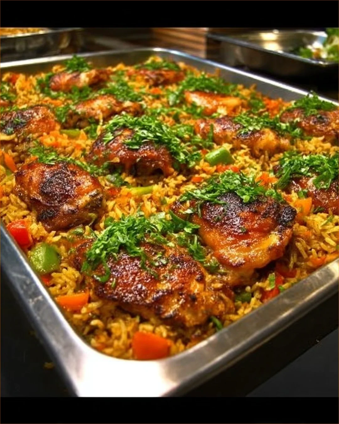One-pan baked chicken thighs with vegetables and rice ready to serve.