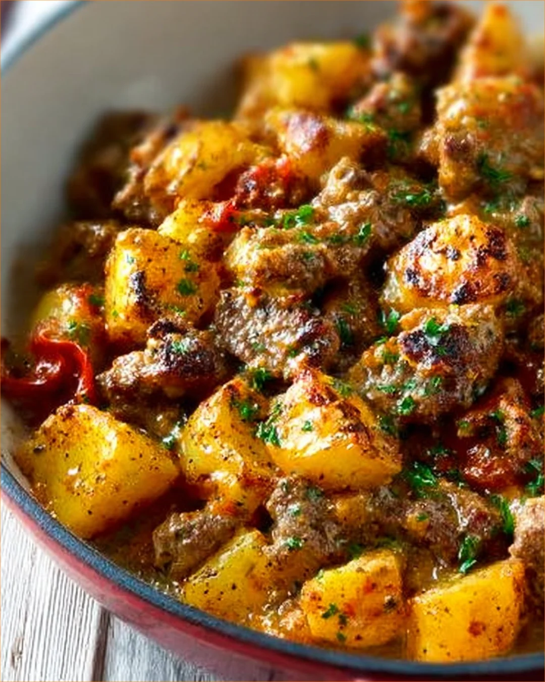 One-pan meat and potatoes dish with vegetables, ready to serve.