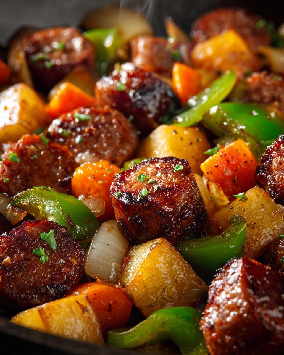 One-Pan Sausage and Veggie Roast with colorful vegetables and sausages.