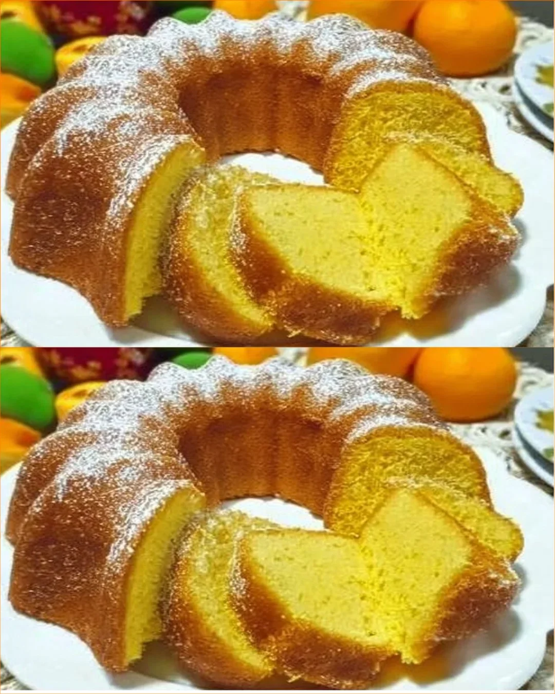 Moist and flavorful orange cake topped with orange slices and frosting.